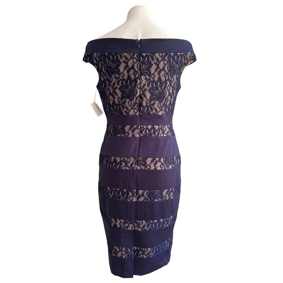 Jax NWT $119 Navy Lace Overlay Sheath Dress Off-Shoulder Neckline Women's Size 8 - Picture 5 of 10